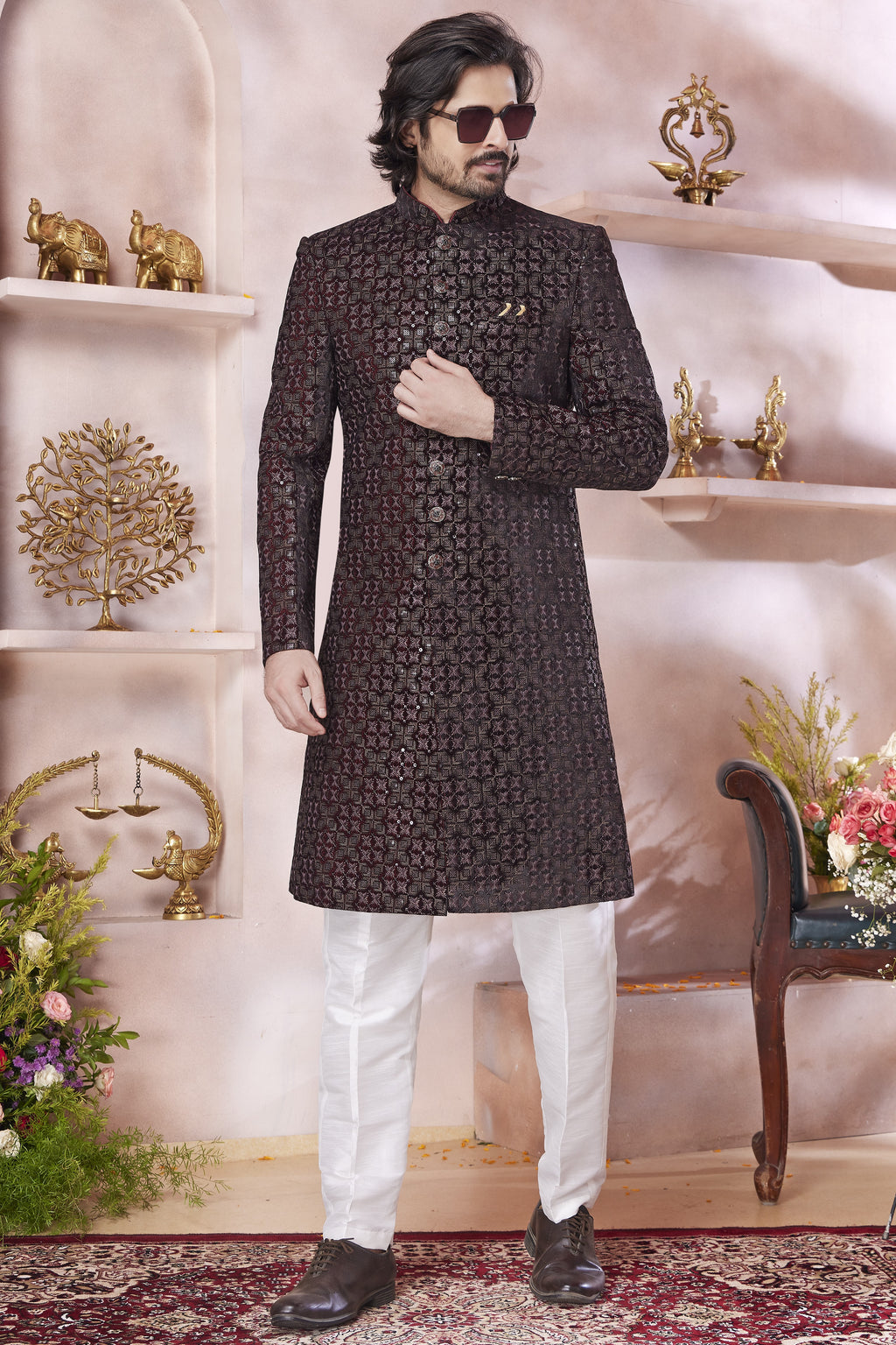 Brown Art Silk Indo Western Traditional Sherwani Long Kurta & Pant Suit for Men for Wedding - Thread Embroidery Work