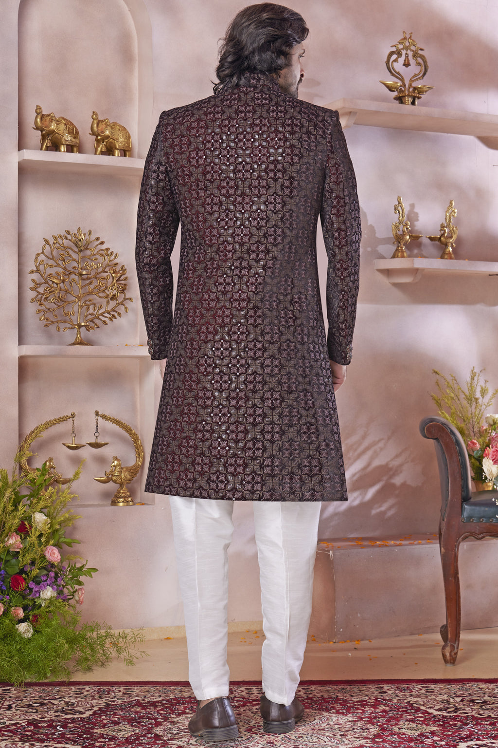 Brown Art Silk Indo Western Traditional Sherwani Long Kurta & Pant Suit for Men for Wedding - Thread Embroidery Work
