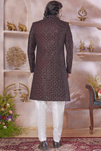 Brown Art Silk Indo Western Traditional Sherwani Long Kurta & Pant Suit for Men for Wedding - Thread Embroidery Work