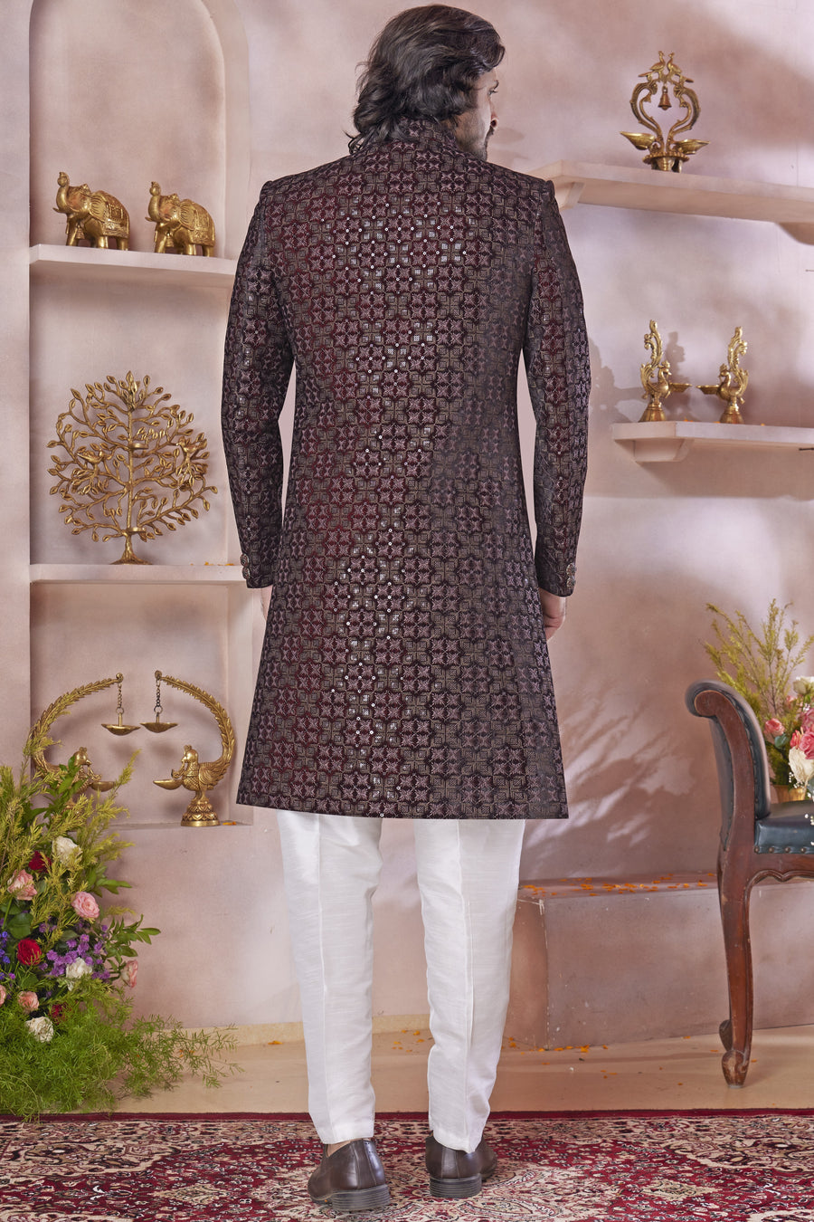 Brown Art Silk Indo Western Traditional Sherwani Long Kurta & Pant Suit for Men for Wedding - Thread Embroidery Work