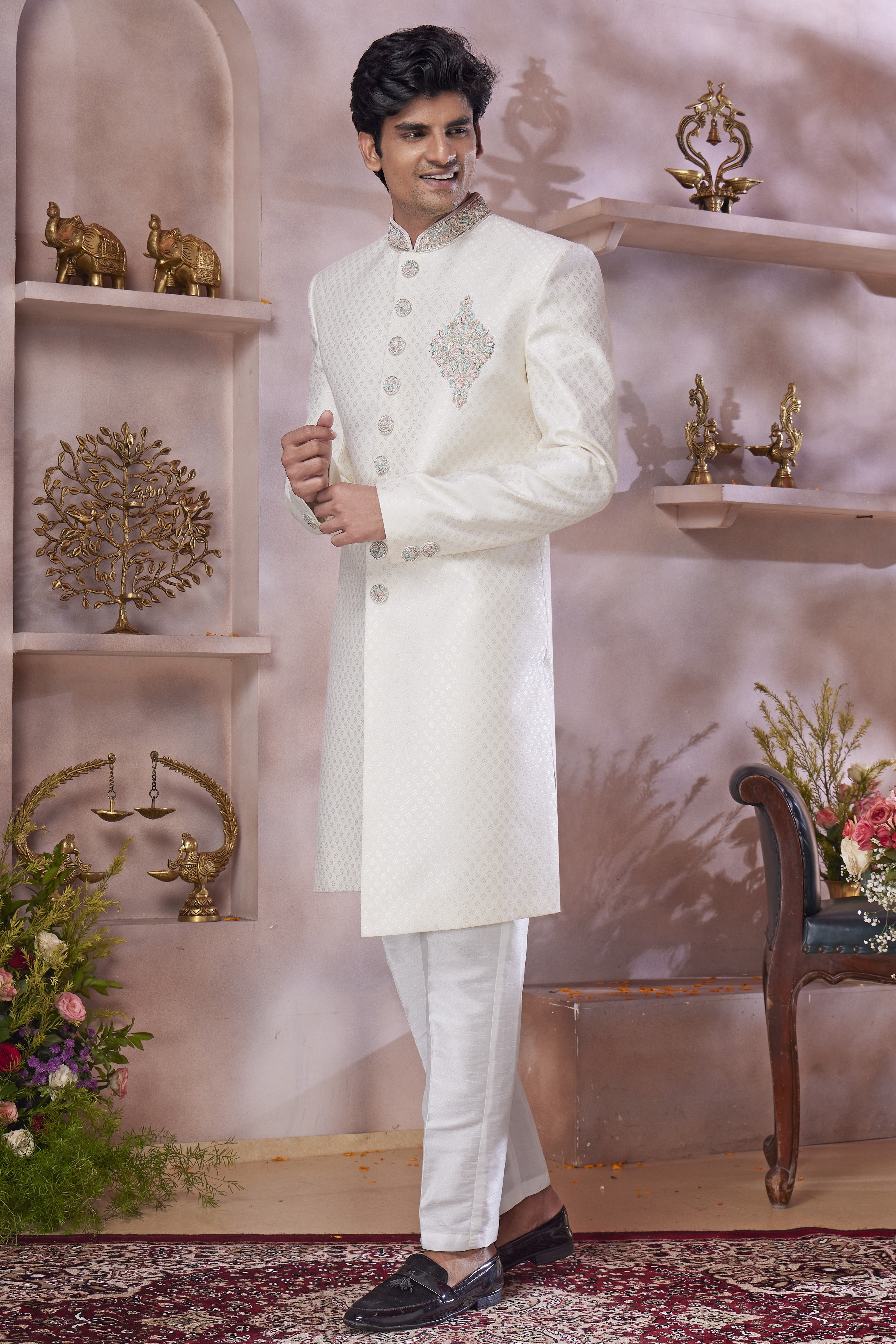 Cream Banarasi Silk Indo Western Traditional Sherwani Long Kurta & Pant Suit for Men for Wedding - Jacquard Work, Embroidery Work