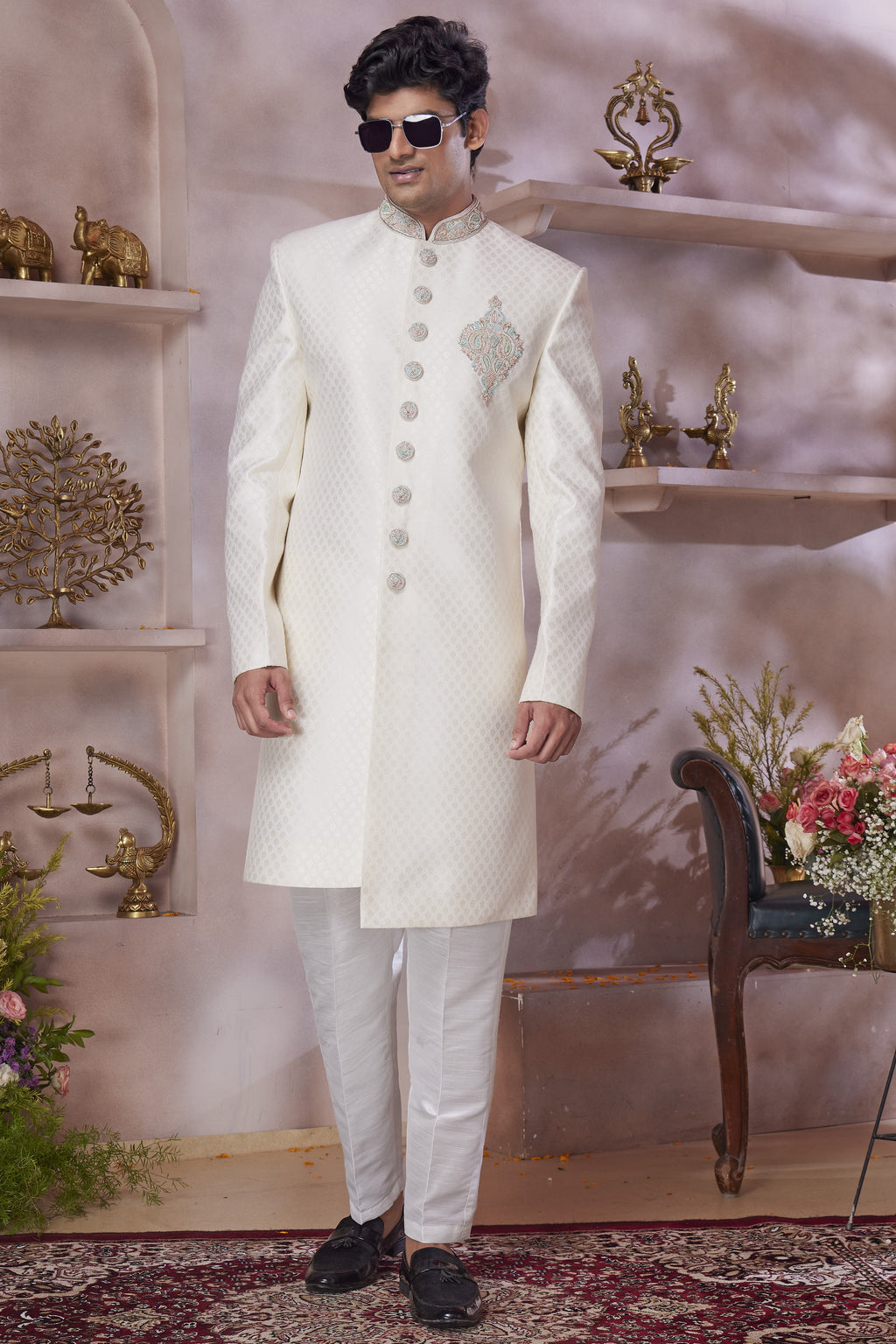 Cream Banarasi Silk Indo Western Traditional Sherwani Long Kurta & Pant Suit for Men for Wedding - Jacquard Work, Embroidery Work