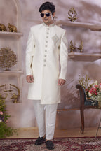 Cream Banarasi Silk Indo Western Traditional Sherwani Long Kurta & Pant Suit for Men for Wedding - Jacquard Work, Embroidery Work