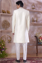 Cream Banarasi Silk Indo Western Traditional Sherwani Long Kurta & Pant Suit for Men for Wedding - Jacquard Work, Embroidery Work