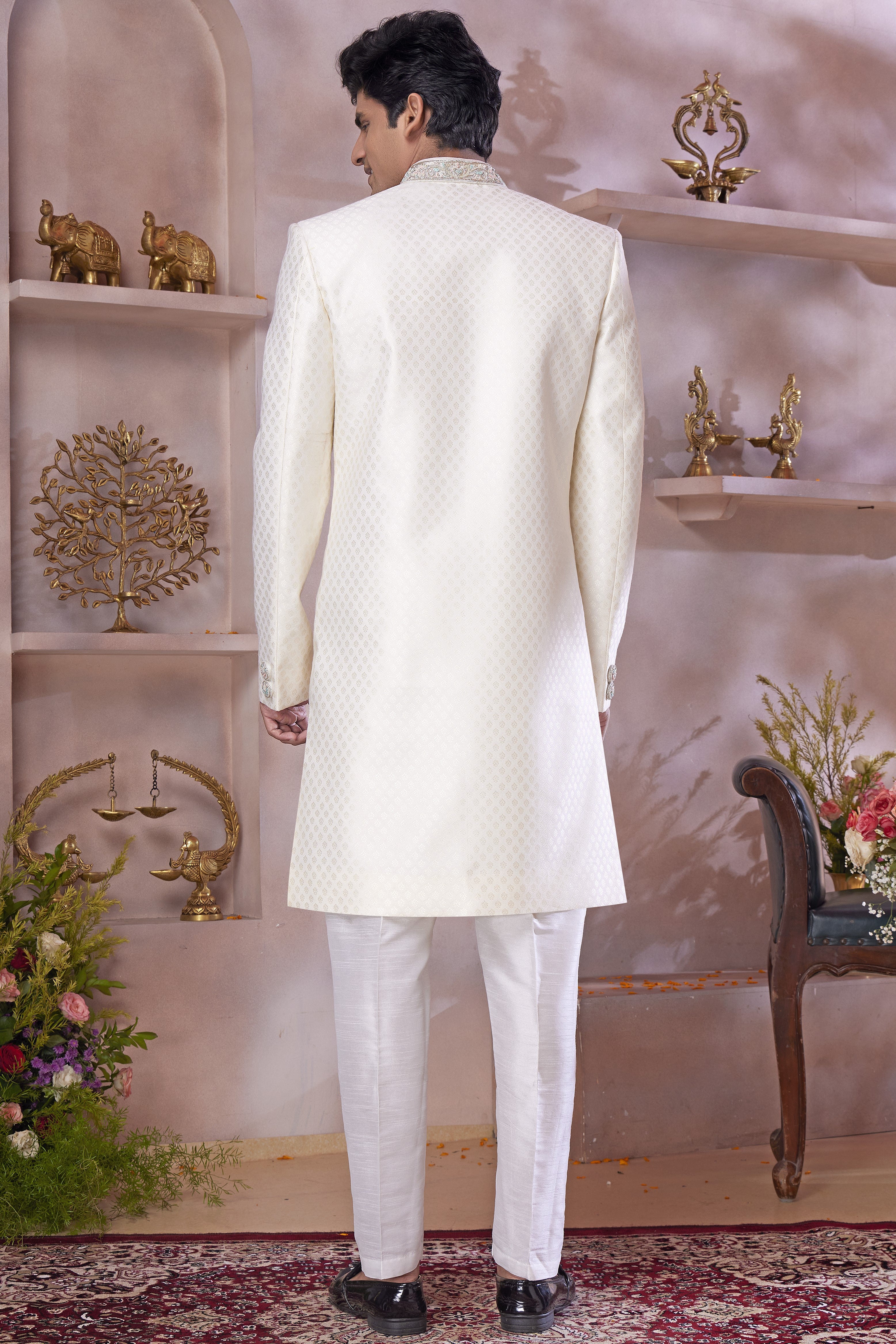 Cream Banarasi Silk Indo Western Traditional Sherwani Long Kurta & Pant Suit for Men for Wedding - Jacquard Work, Embroidery Work