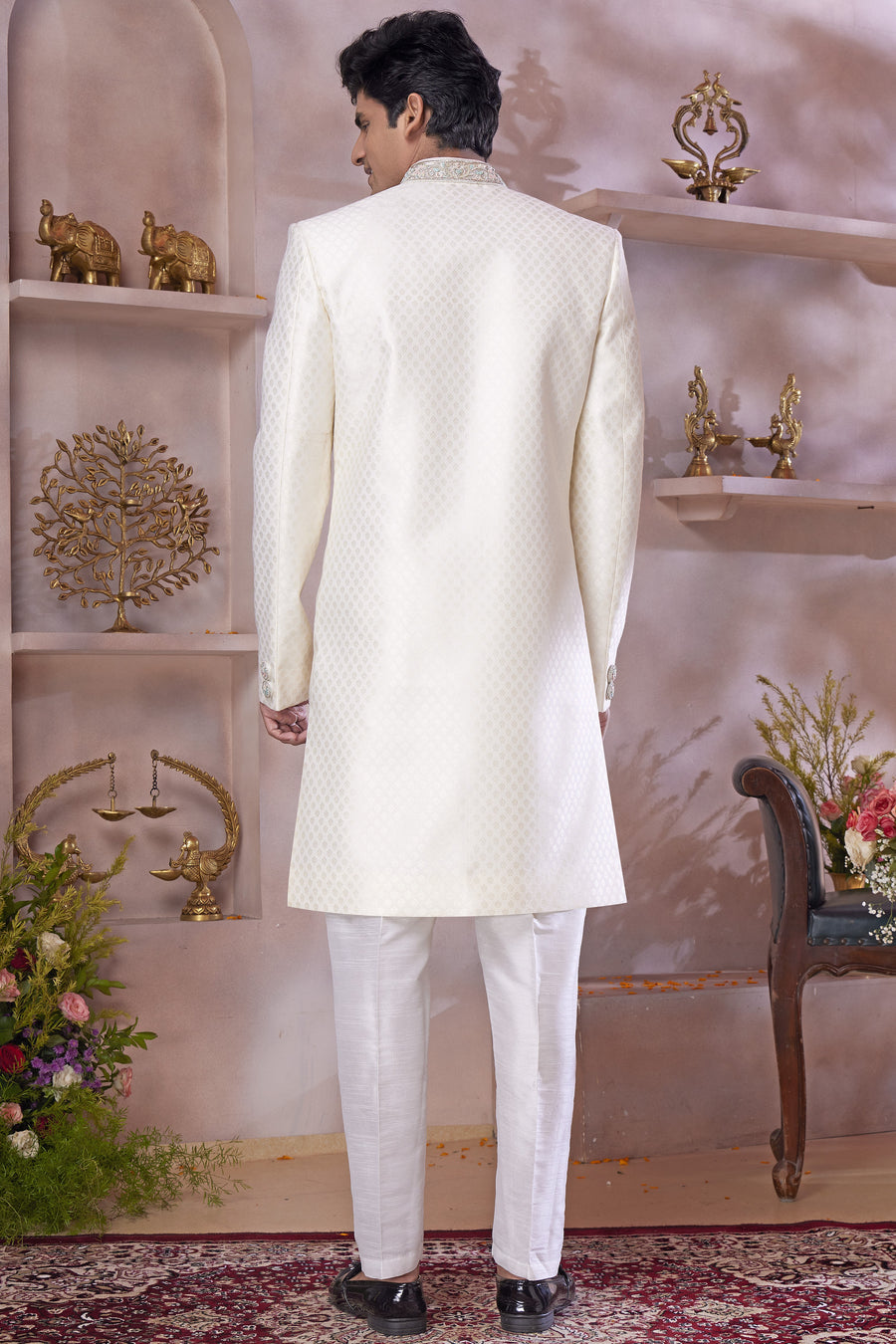 Cream Banarasi Silk Indo Western Traditional Sherwani Long Kurta & Pant Suit for Men for Wedding - Jacquard Work, Embroidery Work