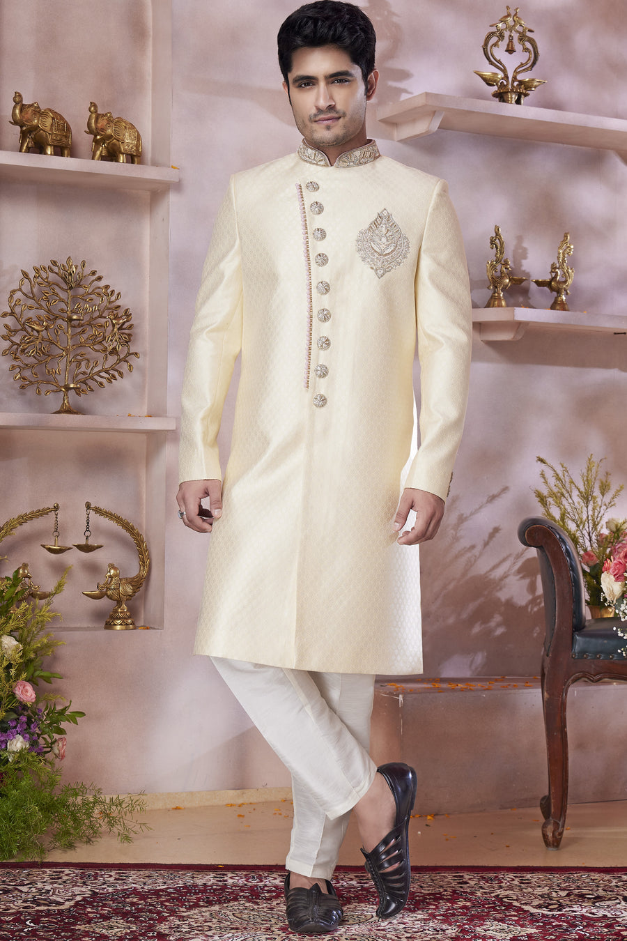 Beige Banarasi Silk Indo Western Traditional Sherwani Long Kurta & Pant Suit for Men for Wedding - Jacquard Work, Embroidery Work