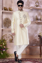 Beige Banarasi Silk Indo Western Traditional Sherwani Long Kurta & Pant Suit for Men for Wedding - Jacquard Work, Embroidery Work