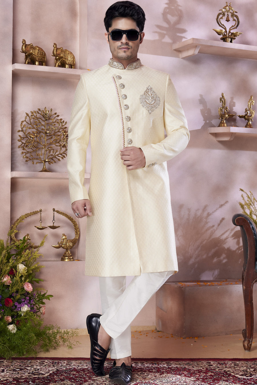 Beige Banarasi Silk Indo Western Traditional Sherwani Long Kurta & Pant Suit for Men for Wedding - Jacquard Work, Embroidery Work