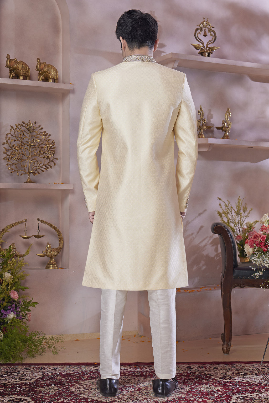 Beige Banarasi Silk Indo Western Traditional Sherwani Long Kurta & Pant Suit for Men for Wedding - Jacquard Work, Embroidery Work