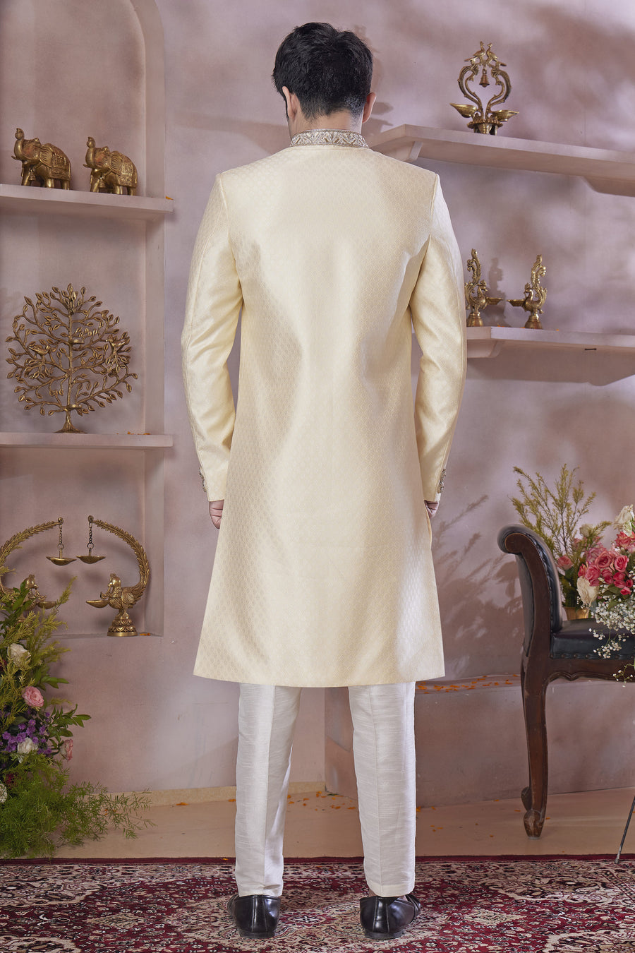 Beige Banarasi Silk Indo Western Traditional Sherwani Long Kurta & Pant Suit for Men for Wedding - Jacquard Work, Embroidery Work