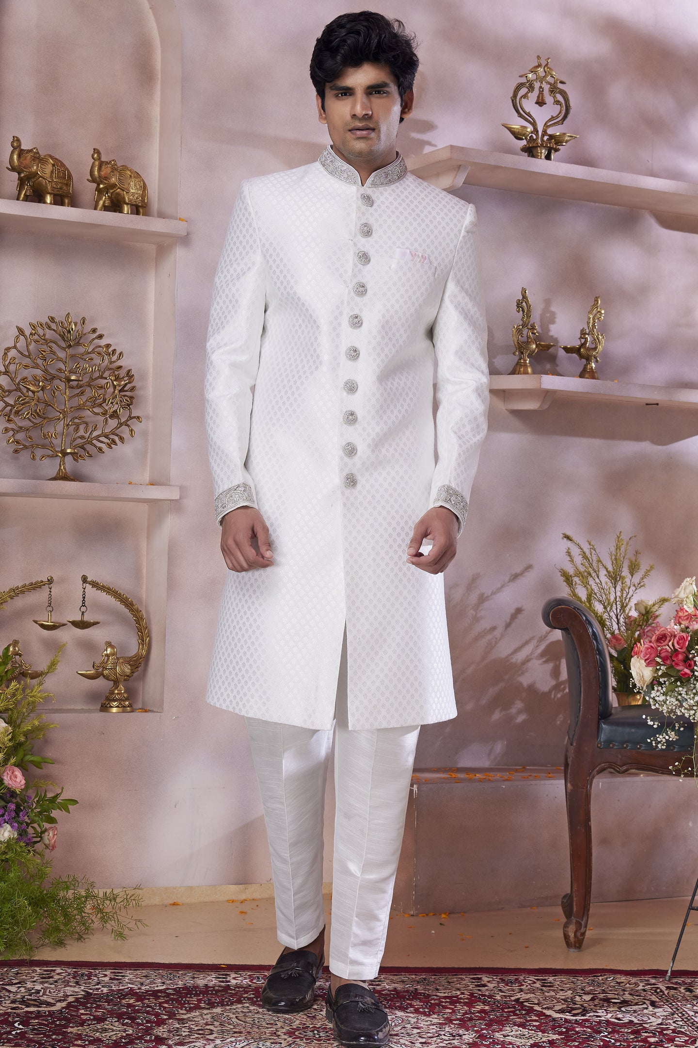 White Banarasi Silk Indo Western Traditional Sherwani Long Kurta & Pant Suit for Men for Wedding - Jacquard Work, Embroidery Work