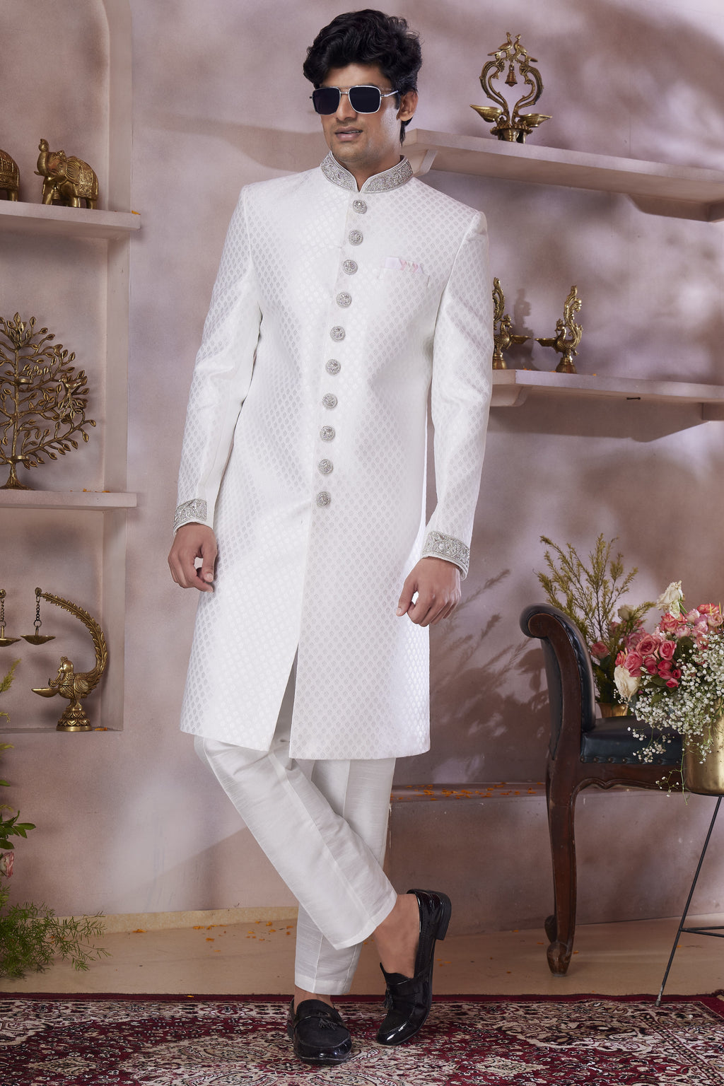White Banarasi Silk Indo Western Traditional Sherwani Long Kurta & Pant Suit for Men for Wedding - Jacquard Work, Embroidery Work