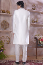 White Banarasi Silk Indo Western Traditional Sherwani Long Kurta & Pant Suit for Men for Wedding - Jacquard Work, Embroidery Work