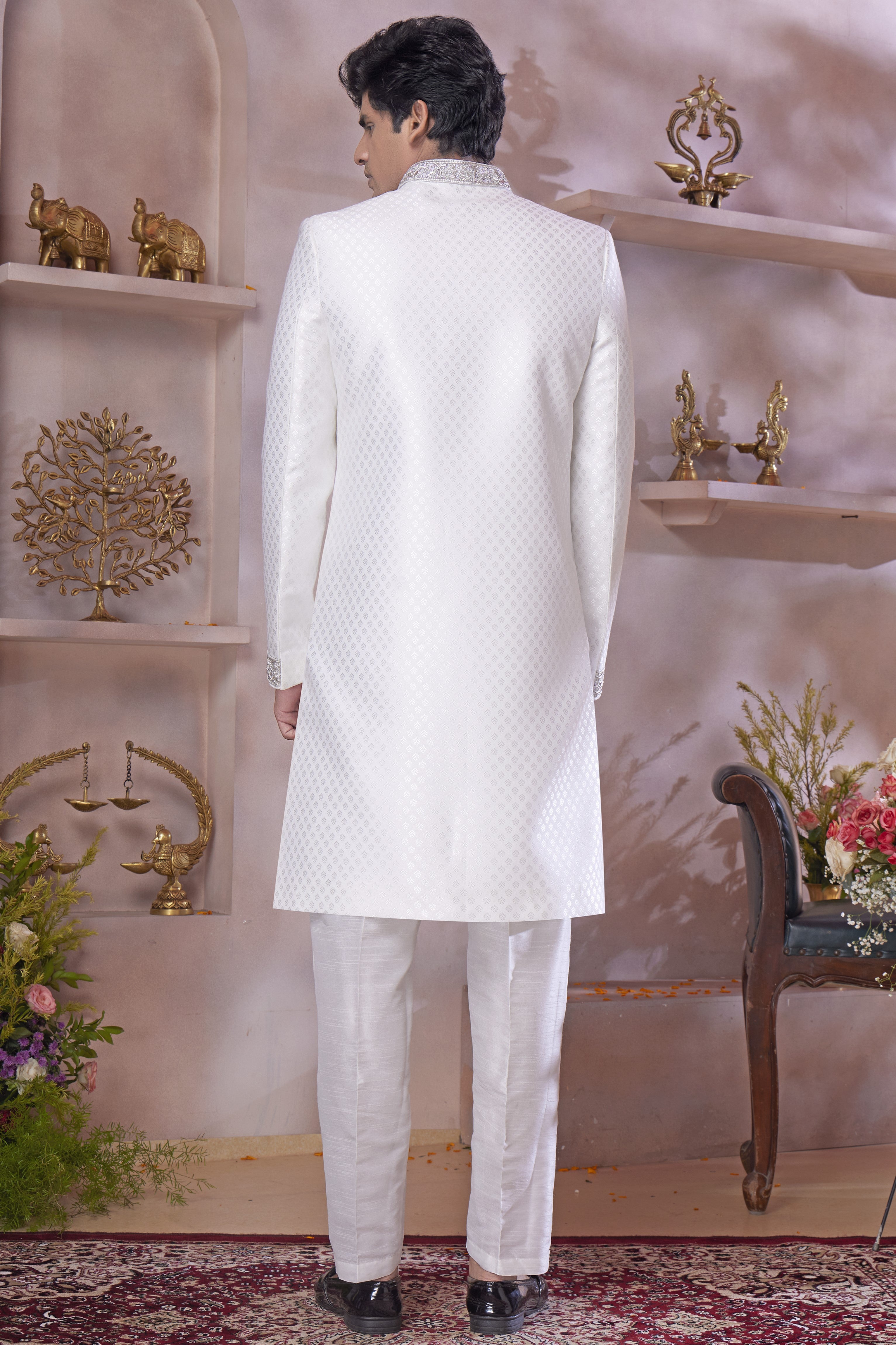 White Banarasi Silk Indo Western Traditional Sherwani Long Kurta & Pant Suit for Men for Wedding - Jacquard Work, Embroidery Work