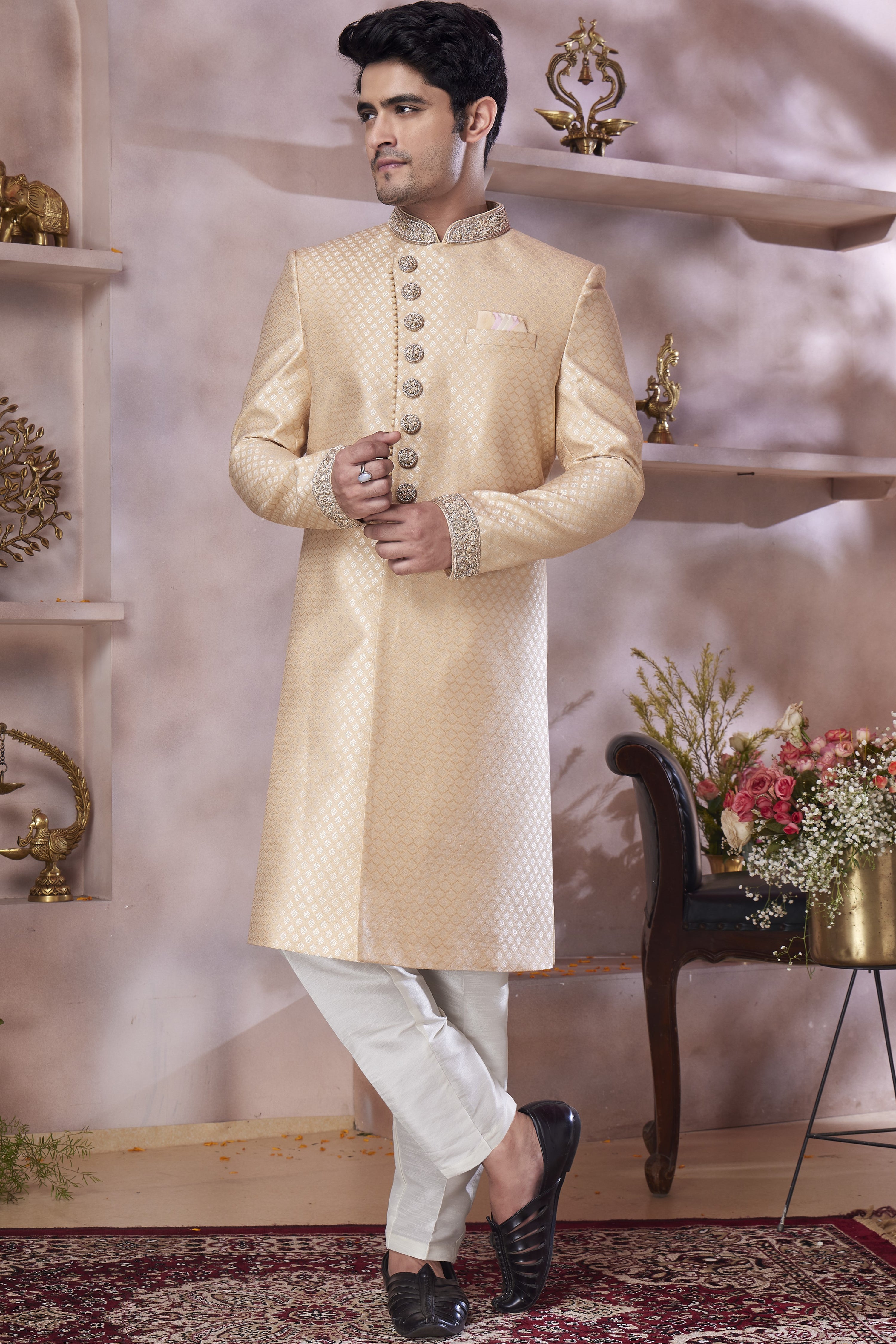 Beige Banarasi Silk Indo Western Traditional Sherwani Long Kurta & Pant Suit for Men for Wedding - Jacquard Work, Embroidery Work