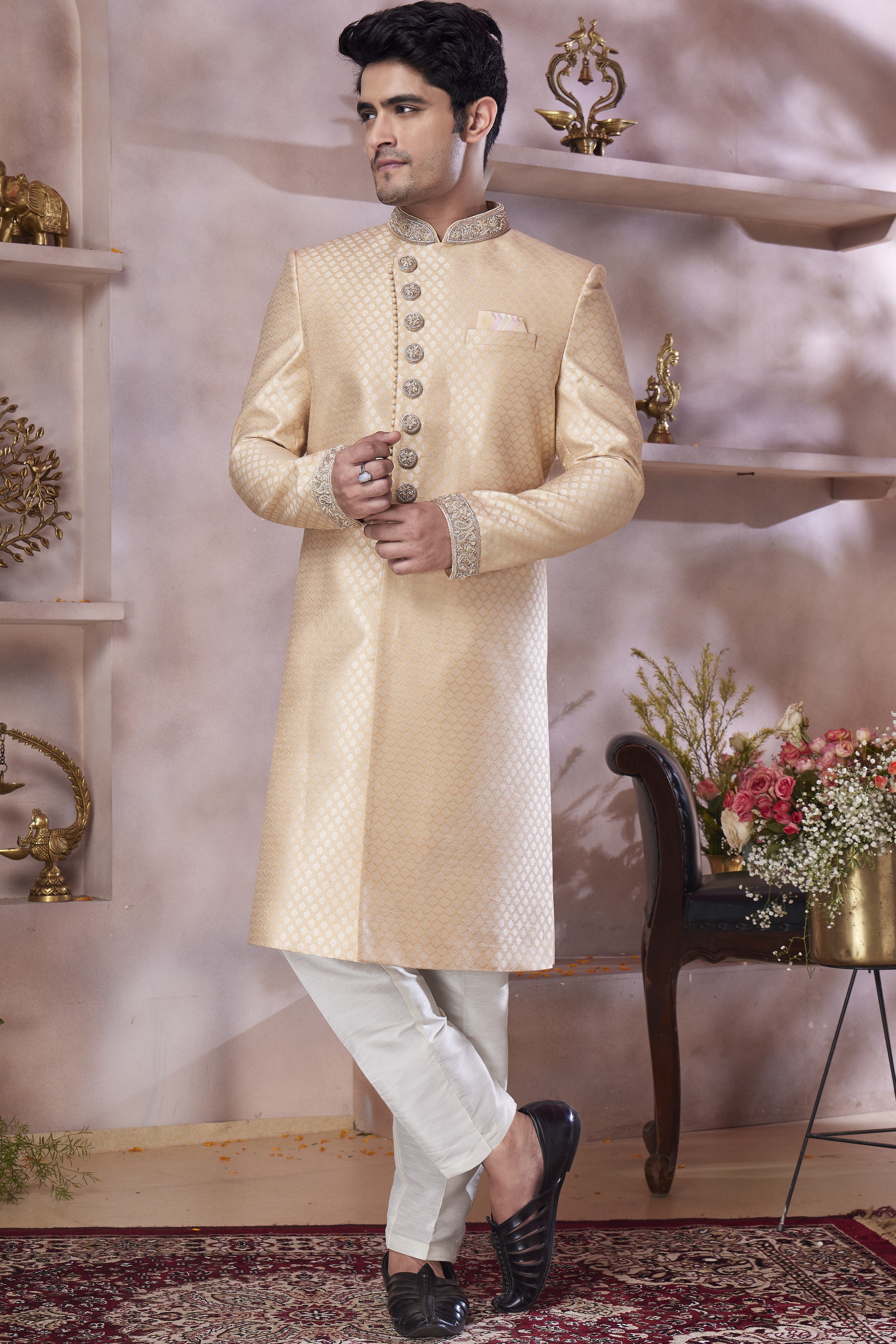 Beige Banarasi Silk Indo Western Traditional Sherwani Long Kurta & Pant Suit for Men for Wedding - Jacquard Work, Embroidery Work