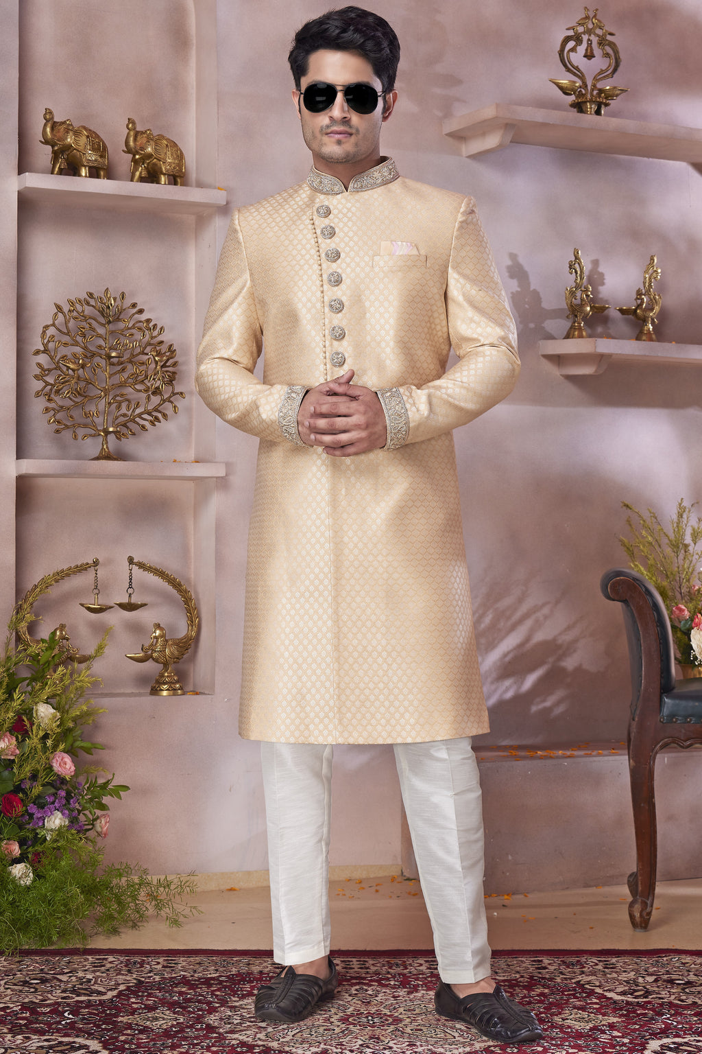Beige Banarasi Silk Indo Western Traditional Sherwani Long Kurta & Pant Suit for Men for Wedding - Jacquard Work, Embroidery Work