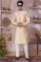Beige Banarasi Silk Indo Western Traditional Sherwani Long Kurta & Pant Suit for Men for Wedding - Jacquard Work, Embroidery Work