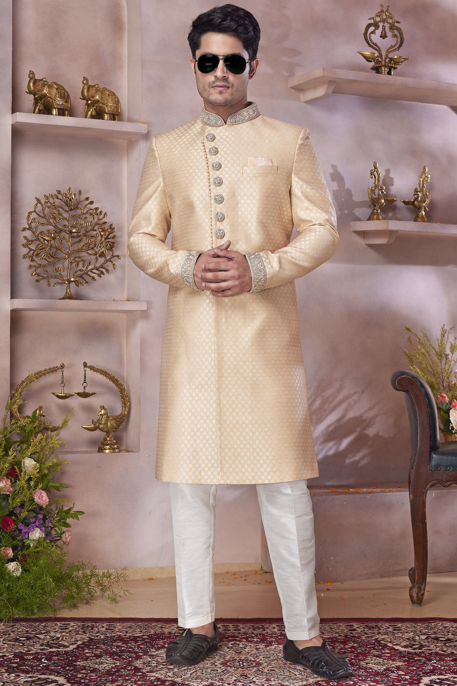 Beige Banarasi Silk Indo Western Traditional Sherwani Long Kurta & Pant Suit for Men for Wedding - Jacquard Work, Embroidery Work