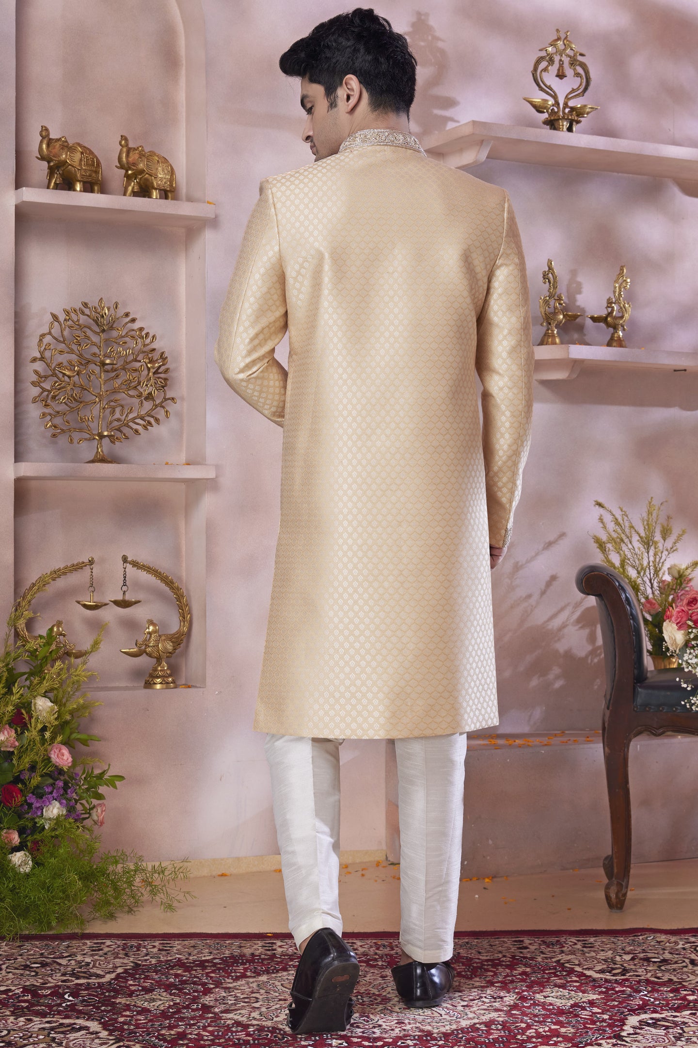 Beige Banarasi Silk Indo Western Traditional Sherwani Long Kurta & Pant Suit for Men for Wedding - Jacquard Work, Embroidery Work
