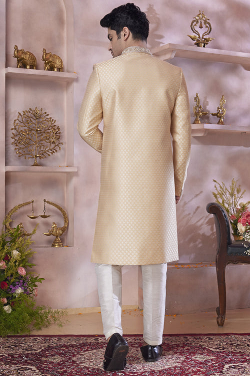 Beige Banarasi Silk Indo Western Traditional Sherwani Long Kurta & Pant Suit for Men for Wedding - Jacquard Work, Embroidery Work