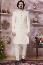 Cream Banarasi Silk Indo Western Traditional Sherwani Long Kurta & Pant Suit for Men for Wedding - Jacquard Work, Embroidery Work