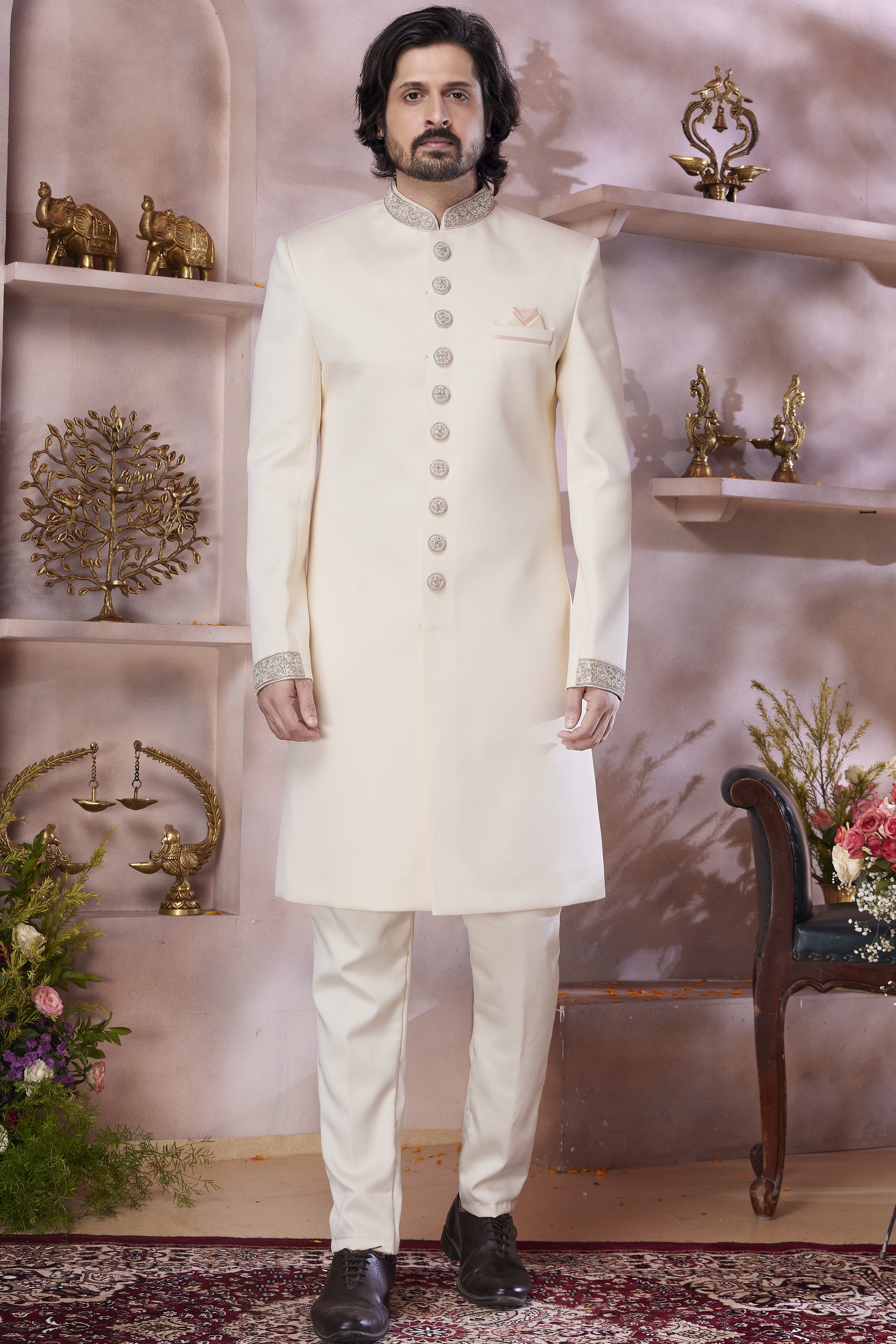 Cream Banarasi Silk Indo Western Traditional Sherwani Long Kurta & Pant Suit for Men for Wedding - Jacquard Work, Embroidery Work