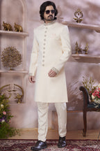 Cream Banarasi Silk Indo Western Traditional Sherwani Long Kurta & Pant Suit for Men for Wedding - Jacquard Work, Embroidery Work