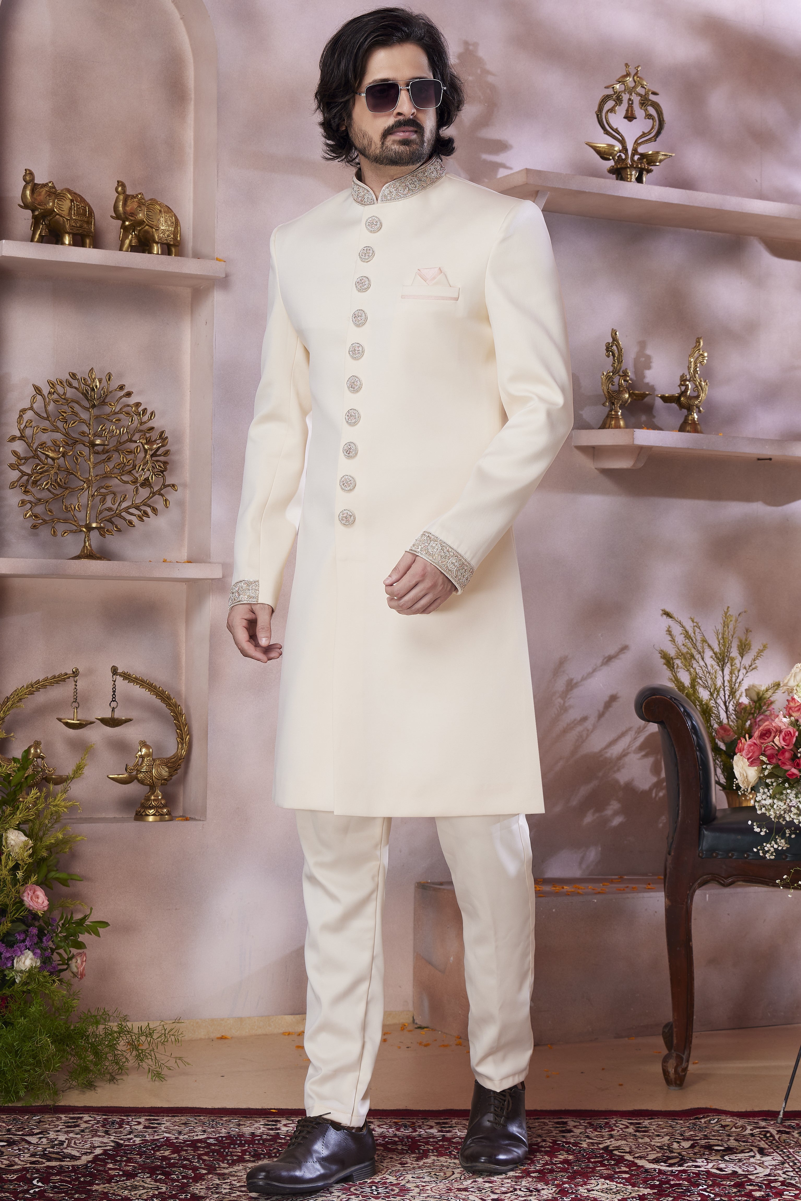 Cream Banarasi Silk Indo Western Traditional Sherwani Long Kurta & Pant Suit for Men for Wedding - Jacquard Work, Embroidery Work