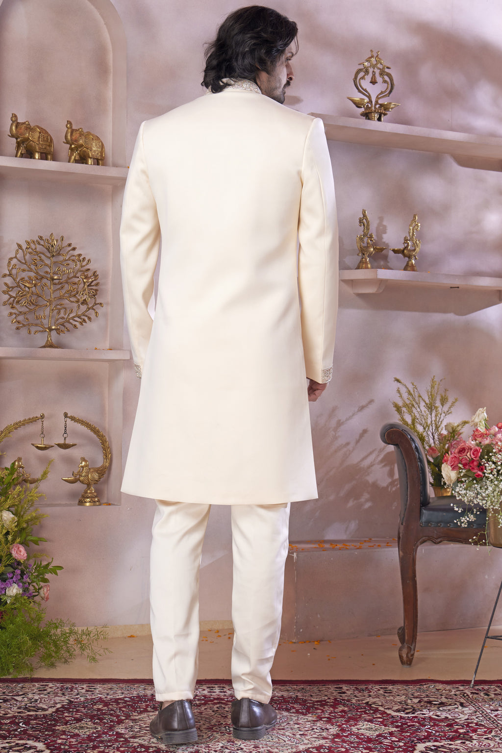 Cream Banarasi Silk Indo Western Traditional Sherwani Long Kurta & Pant Suit for Men for Wedding - Jacquard Work, Embroidery Work