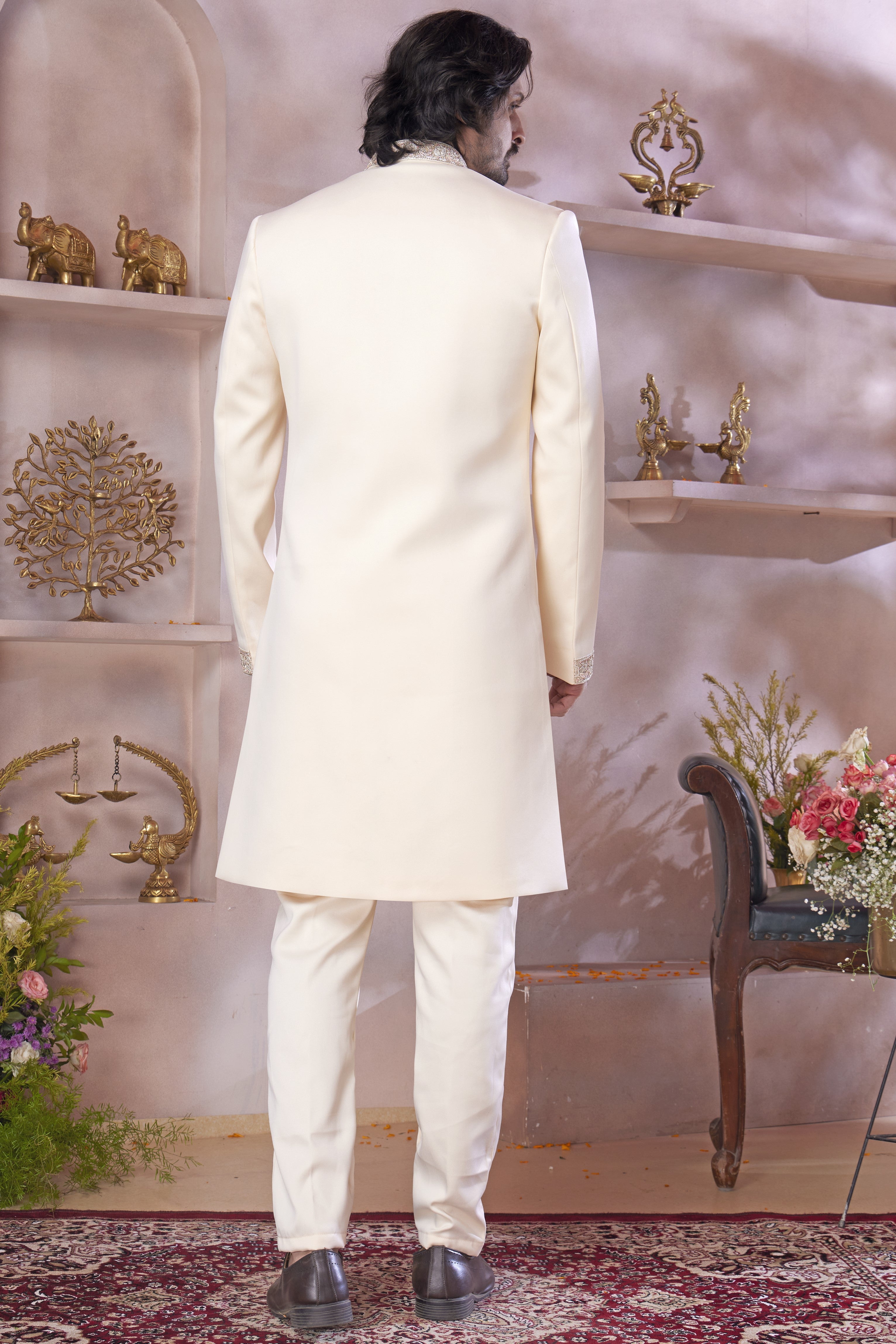 Cream Banarasi Silk Indo Western Traditional Sherwani Long Kurta & Pant Suit for Men for Wedding - Jacquard Work, Embroidery Work