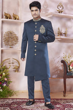 Dark Purple Art Silk Indo Western Traditional Sherwani Long Kurta & Pant Suit for Men for Wedding - Embroidery Work