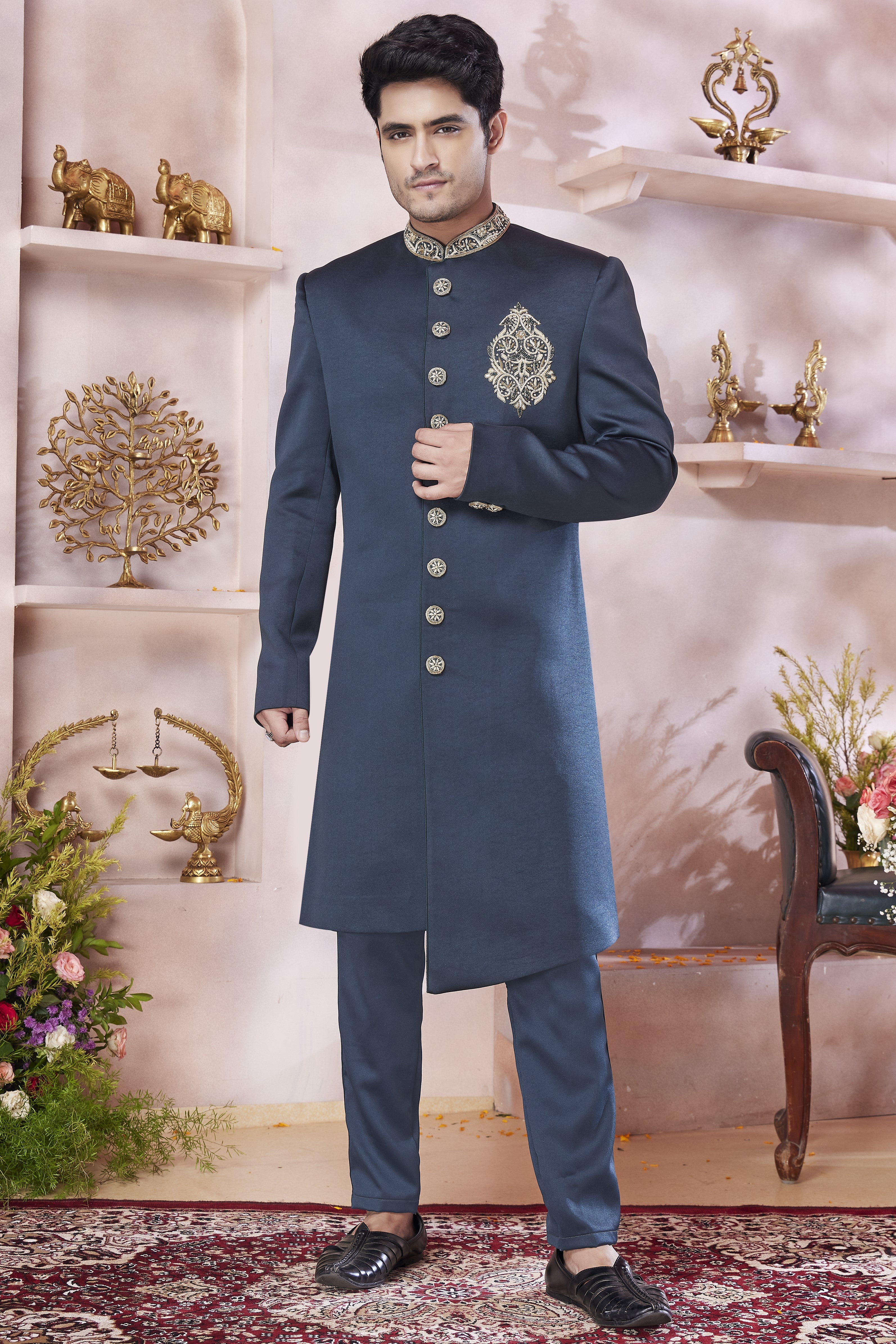 Dark Purple Art Silk Indo Western Traditional Sherwani Long Kurta & Pant Suit for Men for Wedding - Embroidery Work