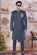 Dark Purple Art Silk Indo Western Traditional Sherwani Long Kurta & Pant Suit for Men for Wedding - Embroidery Work