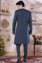 Dark Purple Art Silk Indo Western Traditional Sherwani Long Kurta & Pant Suit for Men for Wedding - Embroidery Work