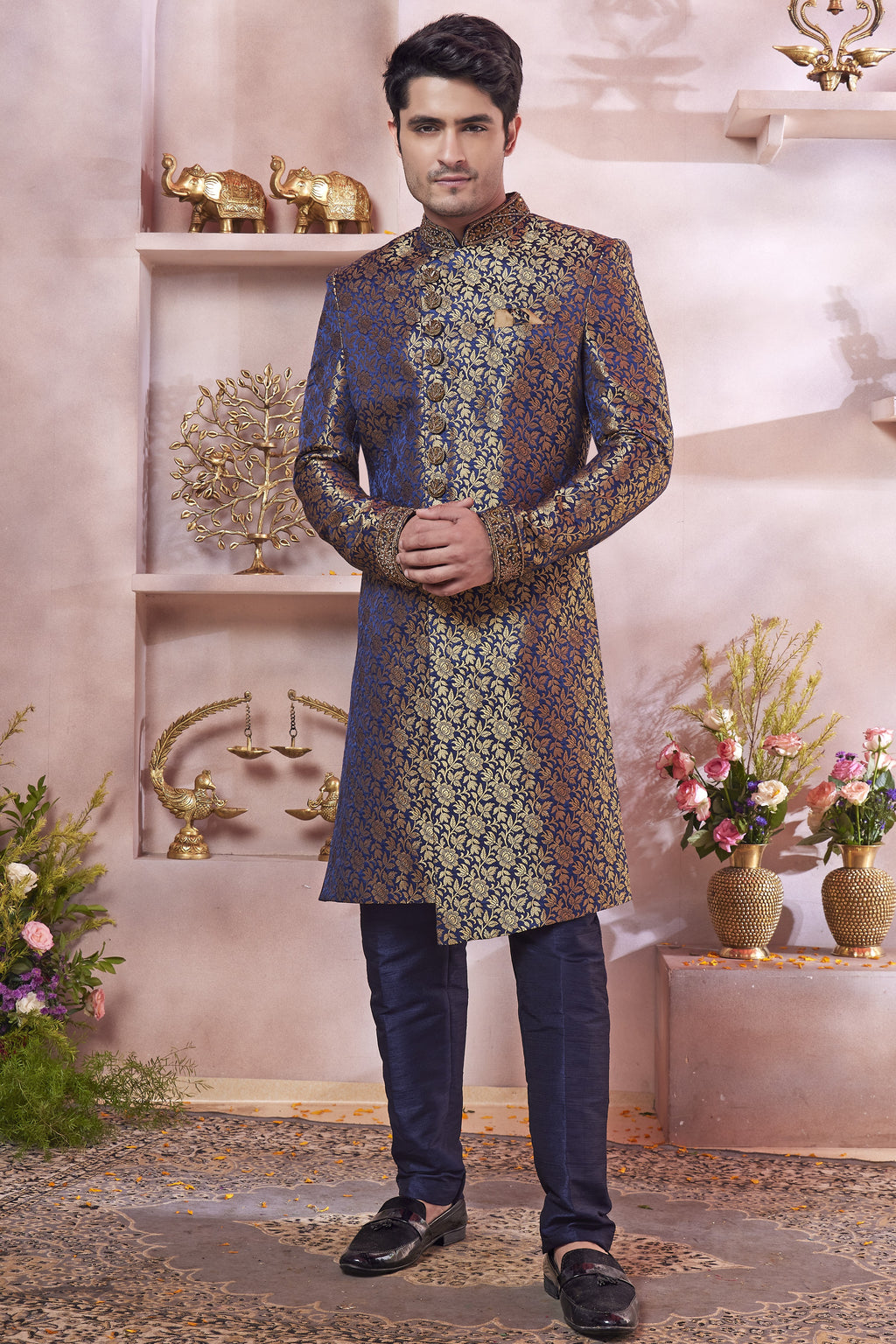 Navy Blue Banarasi Silk Indo Western Traditional Sherwani Long Kurta & Pant Suit for Men for Wedding - Jacquard Work, Embroidery Work