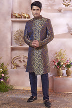 Navy Blue Banarasi Silk Indo Western Traditional Sherwani Long Kurta & Pant Suit for Men for Wedding - Jacquard Work, Embroidery Work