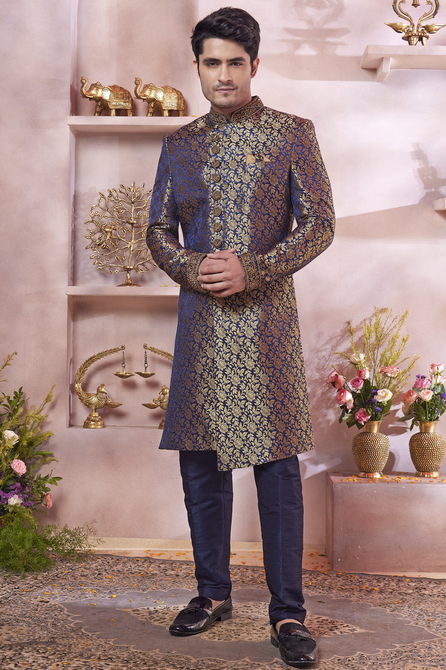 Navy Blue Banarasi Silk Indo Western Traditional Sherwani Long Kurta & Pant Suit for Men for Wedding - Jacquard Work, Embroidery Work