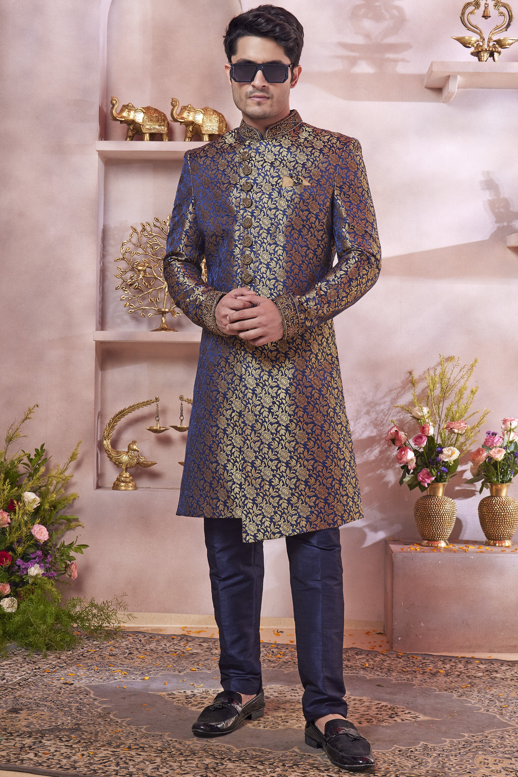 Navy Blue Banarasi Silk Indo Western Traditional Sherwani Long Kurta & Pant Suit for Men for Wedding - Jacquard Work, Embroidery Work