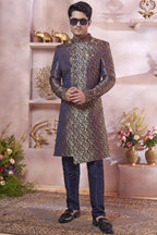 Navy Blue Banarasi Silk Indo Western Traditional Sherwani Long Kurta & Pant Suit for Men for Wedding - Jacquard Work, Embroidery Work