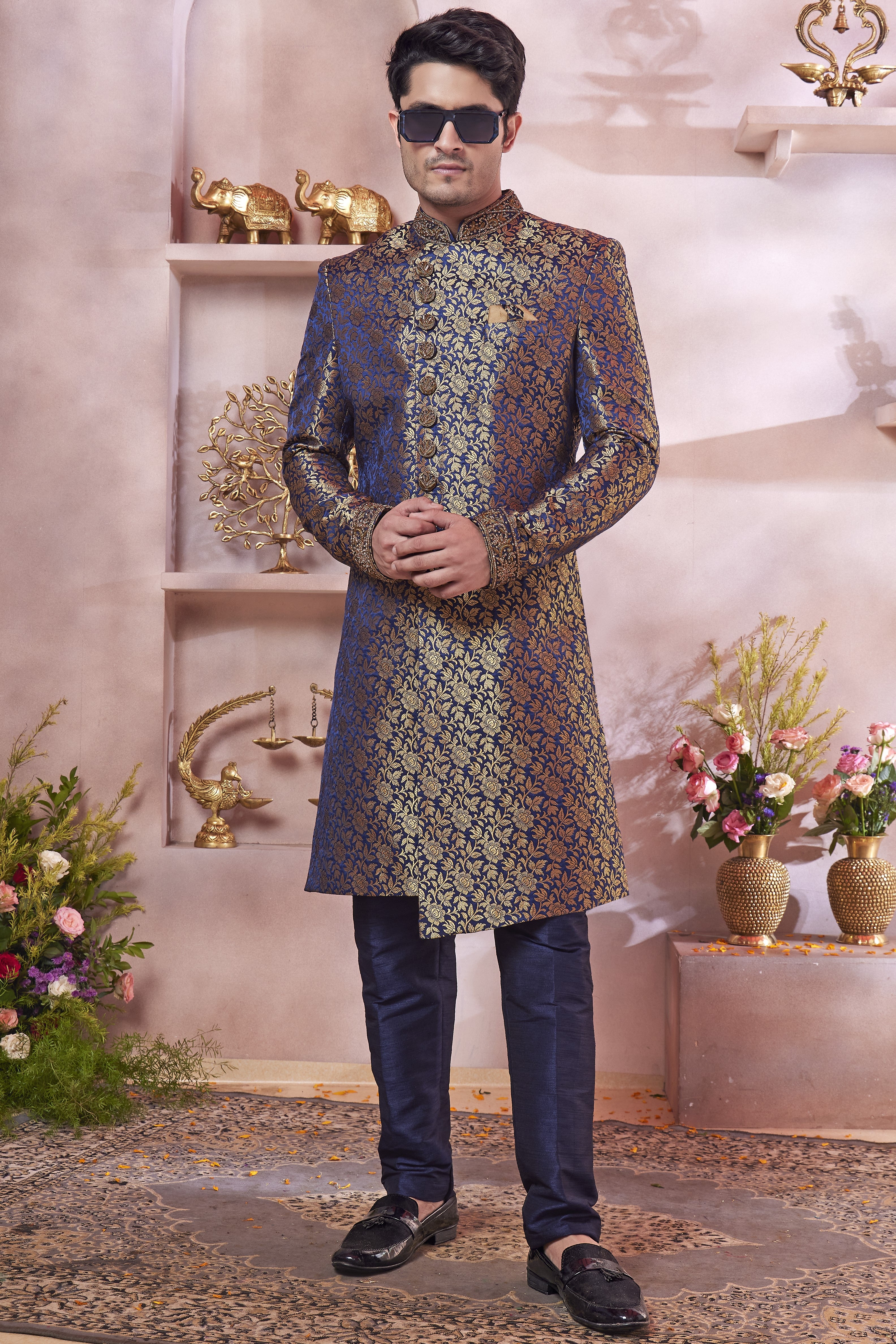 Navy Blue Banarasi Silk Indo Western Traditional Sherwani Long Kurta & Pant Suit for Men for Wedding - Jacquard Work, Embroidery Work
