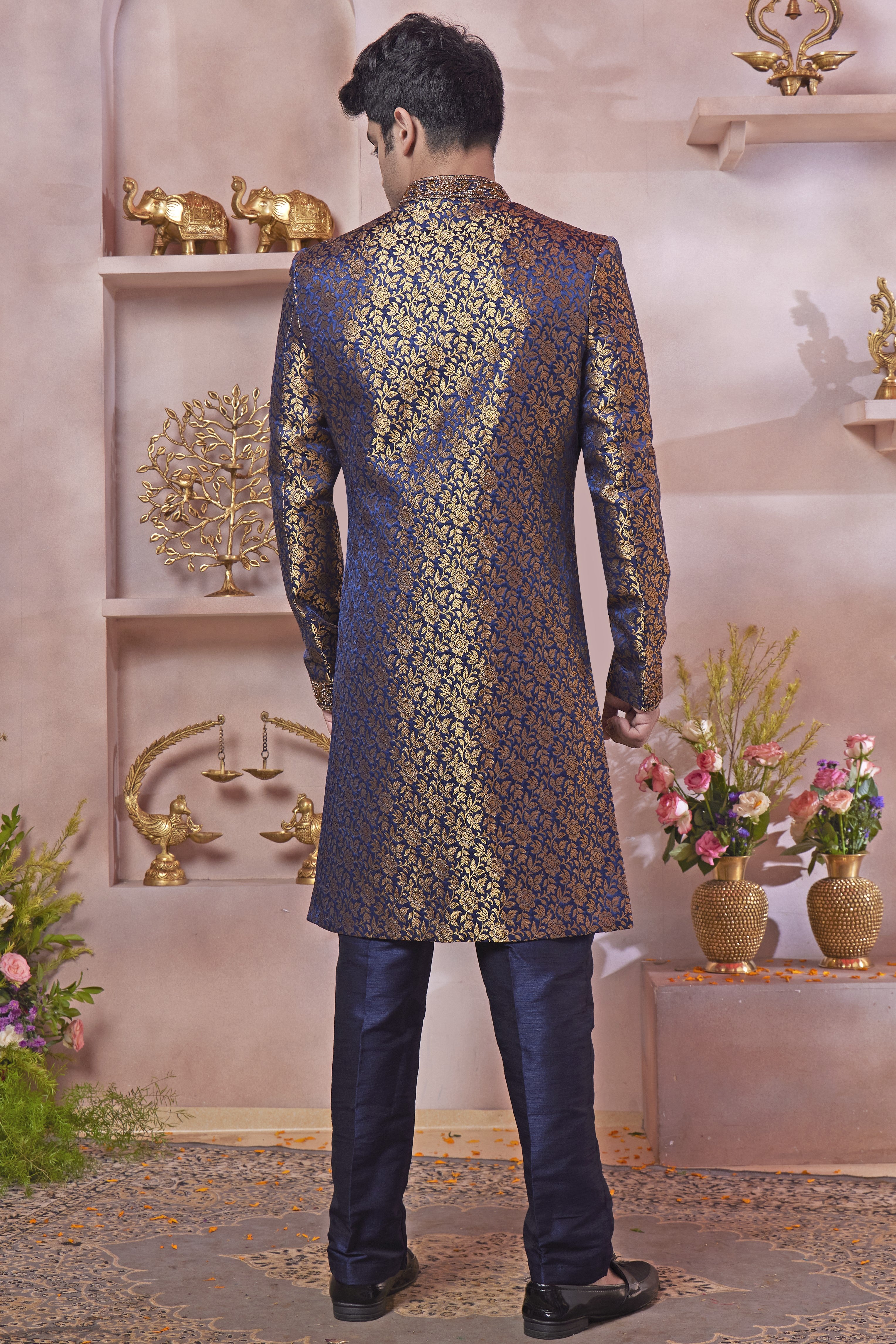 Navy Blue Banarasi Silk Indo Western Traditional Sherwani Long Kurta & Pant Suit for Men for Wedding - Jacquard Work, Embroidery Work
