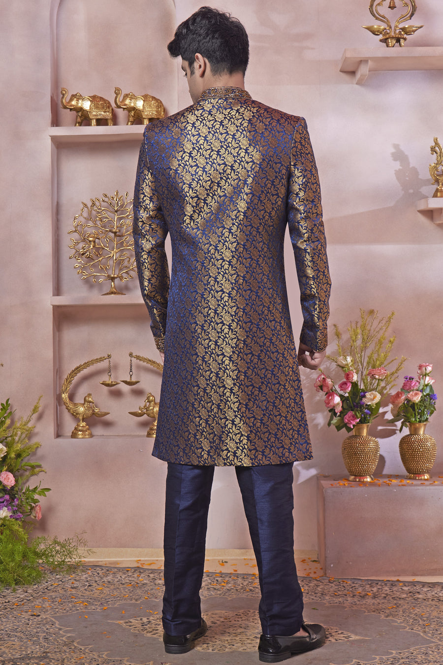 Navy Blue Banarasi Silk Indo Western Traditional Sherwani Long Kurta & Pant Suit for Men for Wedding - Jacquard Work, Embroidery Work