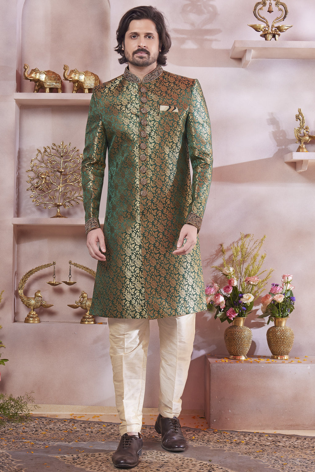 Olive Banarasi Silk Indo Western Traditional Sherwani Long Kurta & Pant Suit for Men for Wedding - Jacquard Work, Embroidery Work