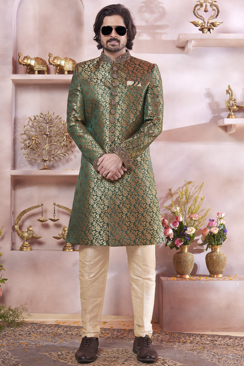 Olive Banarasi Silk Indo Western Traditional Sherwani Long Kurta & Pant Suit for Men for Wedding - Jacquard Work, Embroidery Work