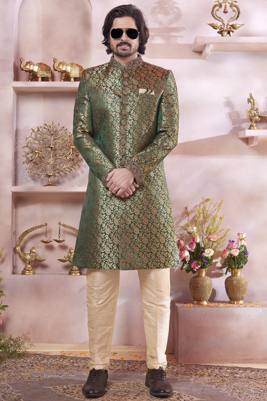 Olive Banarasi Silk Indo Western Traditional Sherwani Long Kurta & Pant Suit for Men for Wedding - Jacquard Work, Embroidery Work