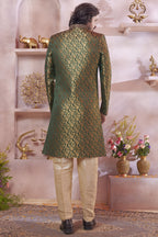 Olive Banarasi Silk Indo Western Traditional Sherwani Long Kurta & Pant Suit for Men for Wedding - Jacquard Work, Embroidery Work