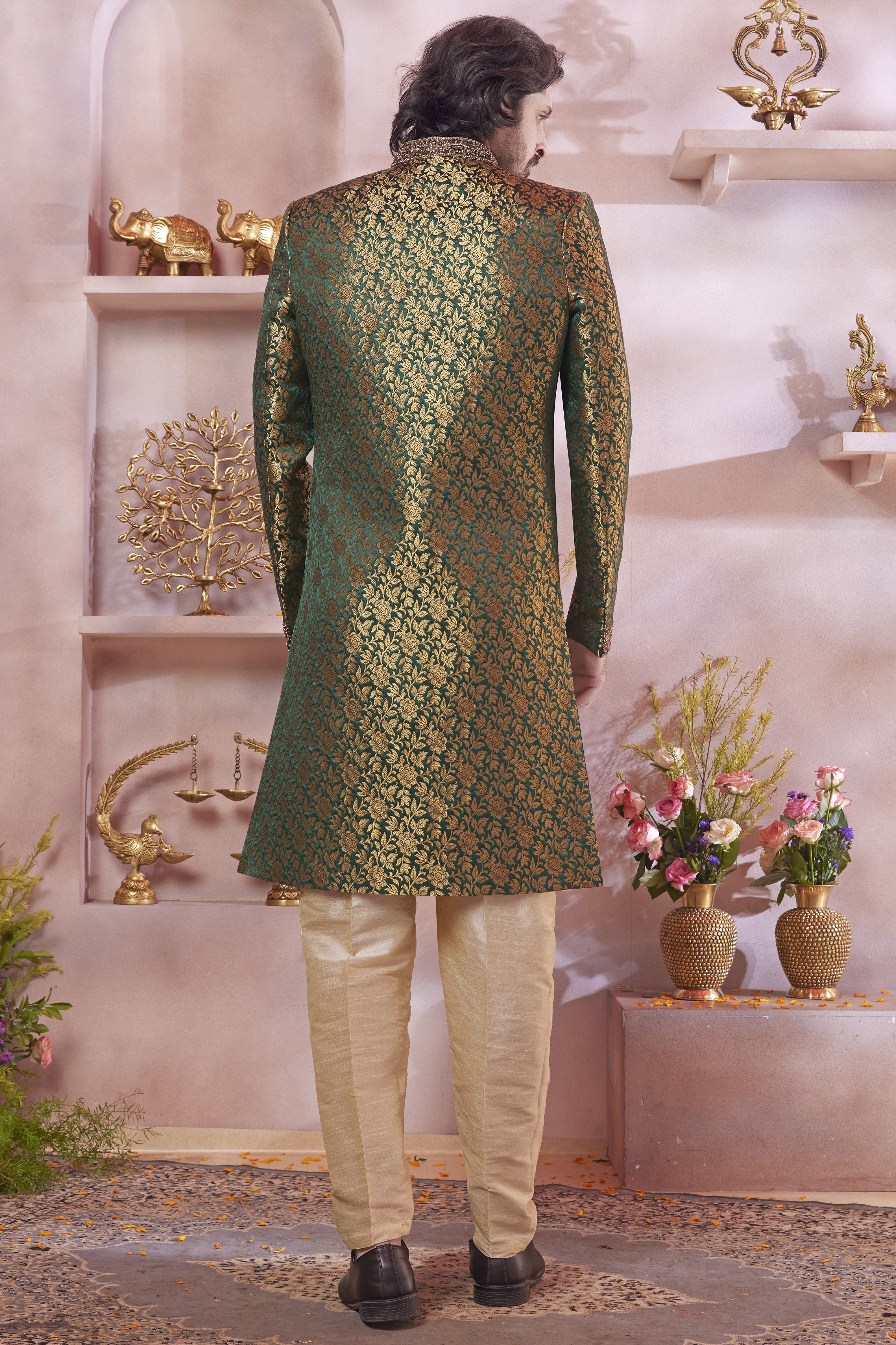 Olive Banarasi Silk Indo Western Traditional Sherwani Long Kurta & Pant Suit for Men for Wedding - Jacquard Work, Embroidery Work