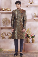 Dark Blue Banarasi Silk Indo Western Traditional Sherwani Long Kurta & Pant Suit for Men for Wedding - Jacquard Work, Embroidery Work